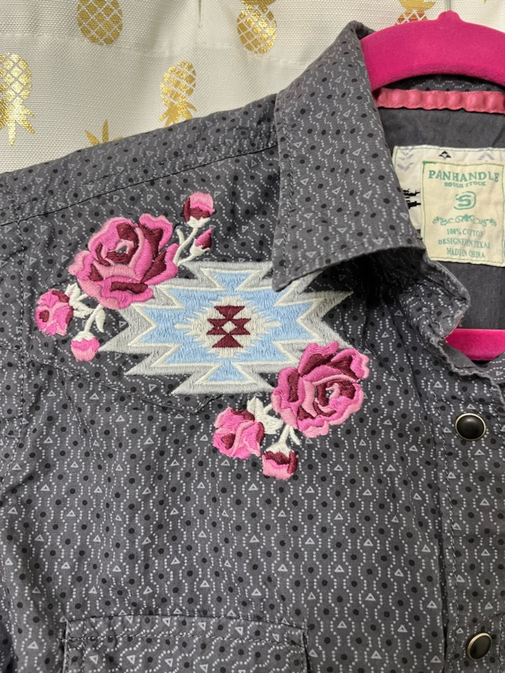 Panhandle Western Button-Up Shirt 100% Cotton, Gray with Embroidered Pink Detail - Picture 2 of 6